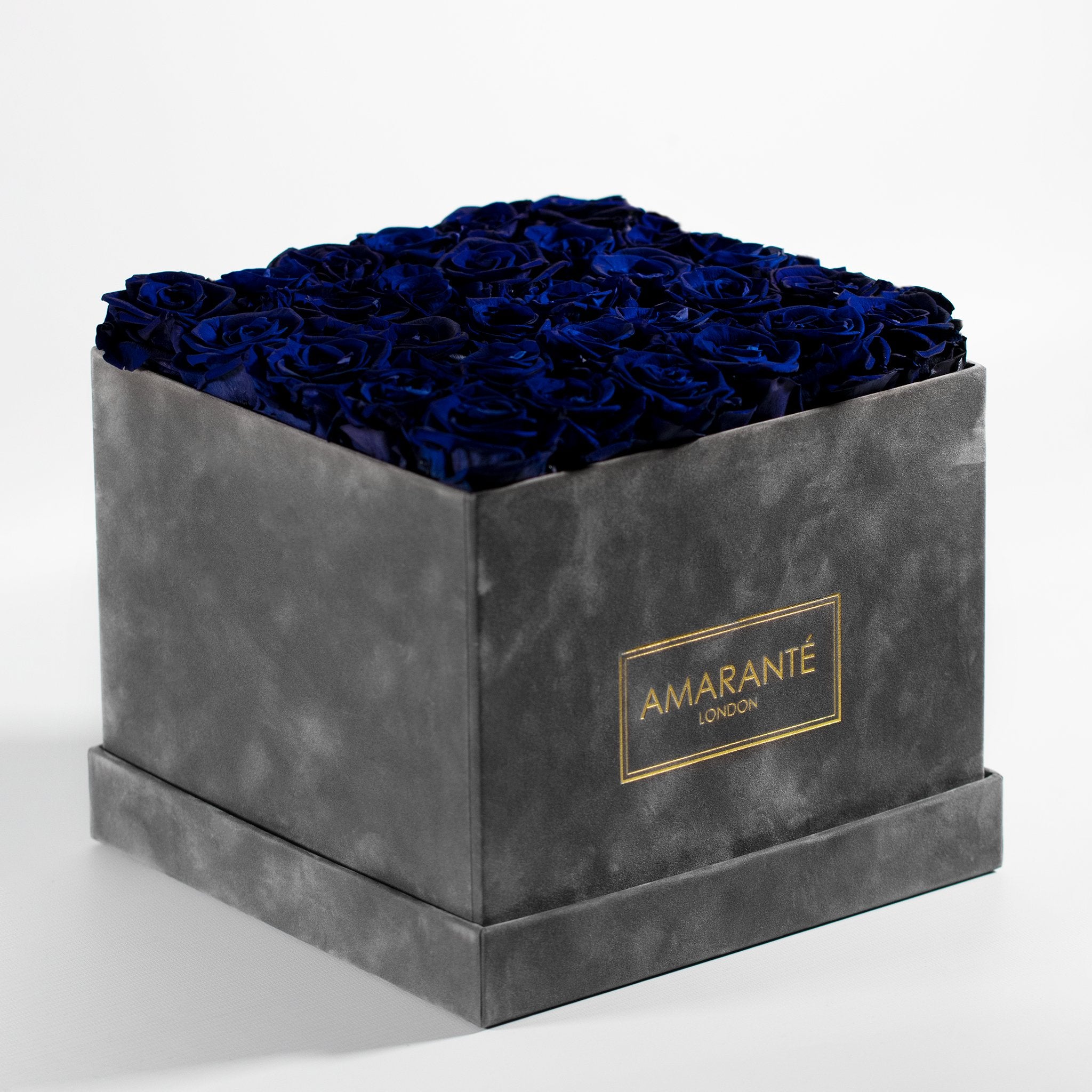 Luxurious grey box featuring blooming royal blue Roses