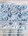 Cool light blue Roses displayed in a medium clear box 