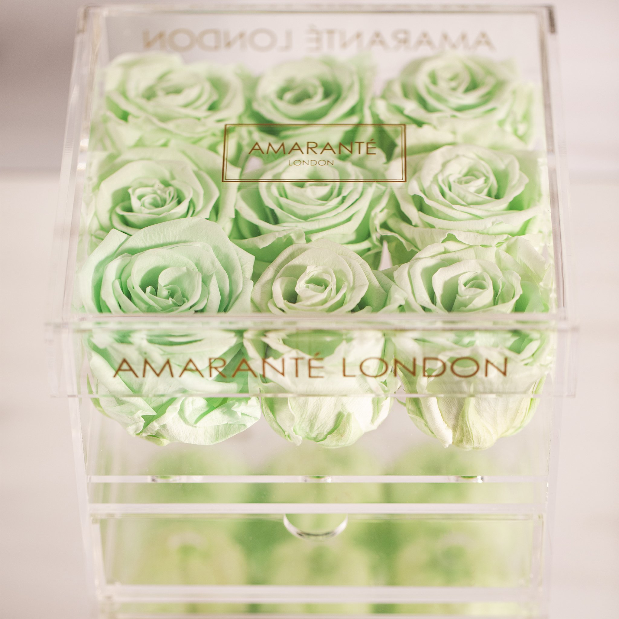 Revitalising mint green Roses featured in a set of nine in a dapper acrylic box. 