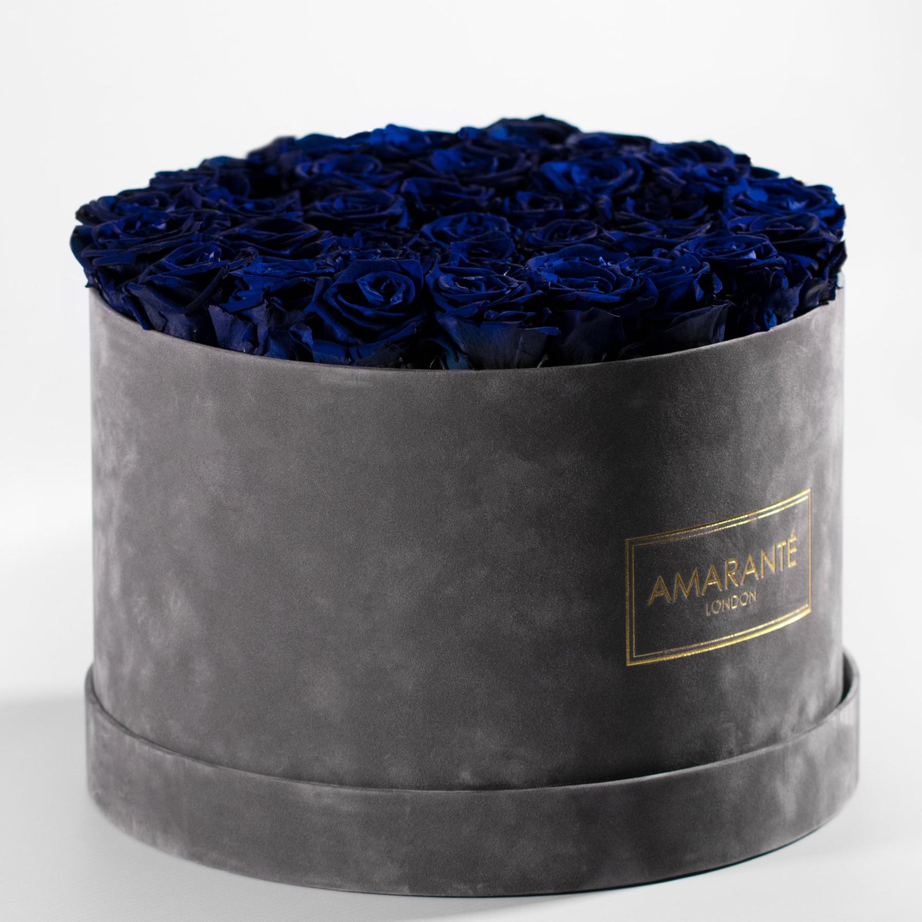 Chic royal blue Roses photographed in a dreamy grey box