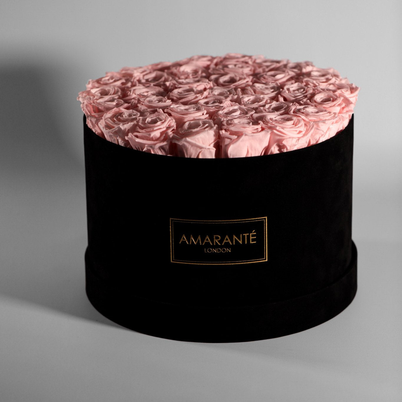 Delicate pink Roses imbedded in a sophisticated black package. 