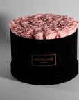 Delicate pink Roses imbedded in a sophisticated black package. 